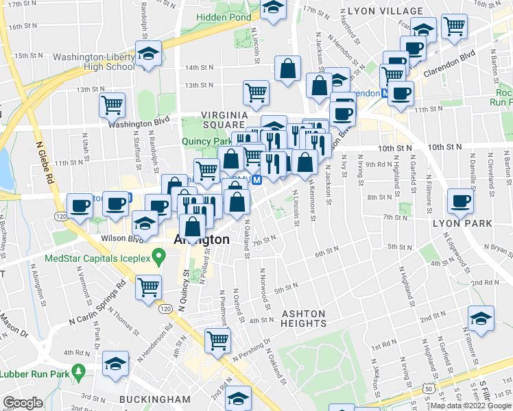 map of restaurants, bars, coffee shops, grocery stores, and more near Wilson Blvd & N Nelson St in Arlington
