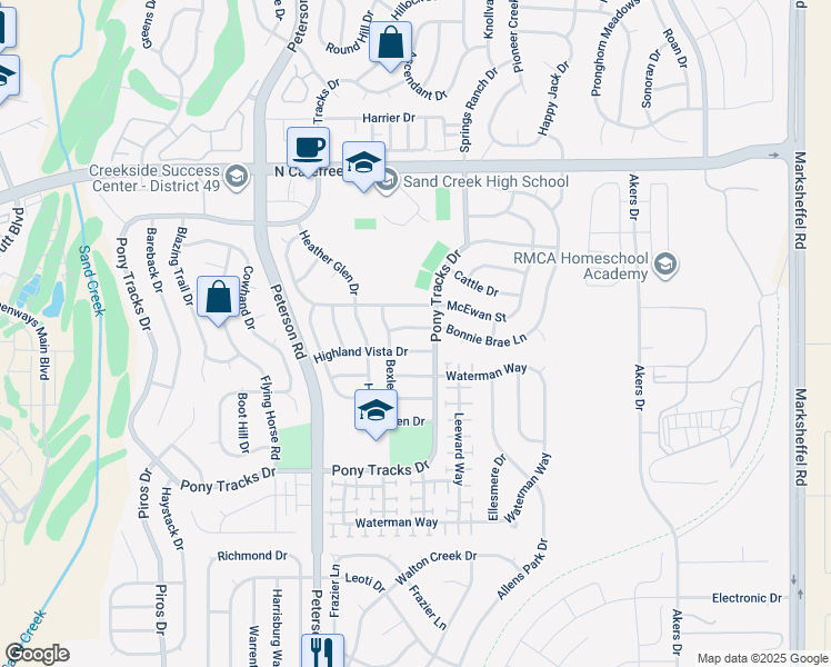 map of restaurants, bars, coffee shops, grocery stores, and more near 6997 Bonnie Brae Lane in Colorado Springs