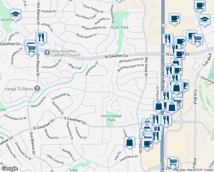 map of restaurants, bars, coffee shops, grocery stores, and more near 3425 Whimsical Court in Colorado Springs