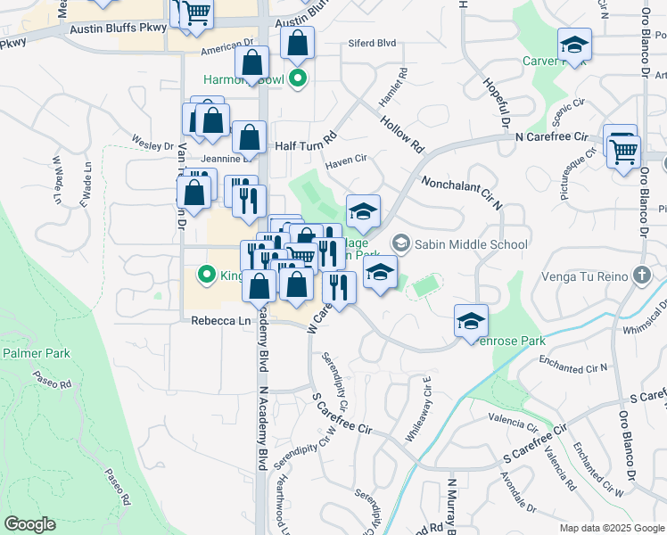 map of restaurants, bars, coffee shops, grocery stores, and more near 3589 North Carefree Circle in Colorado Springs