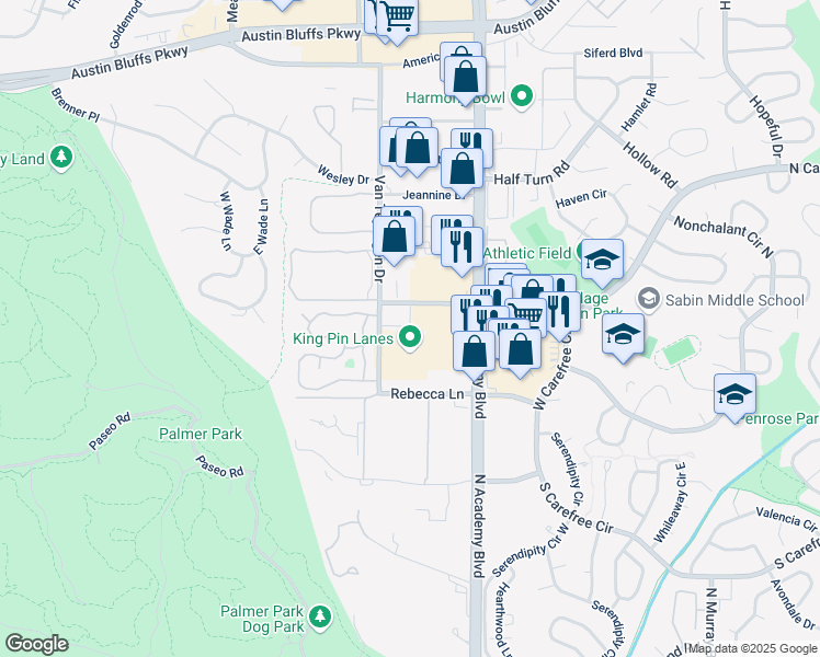 map of restaurants, bars, coffee shops, grocery stores, and more near 3425 Van Teylingen Dr in Colorado Springs