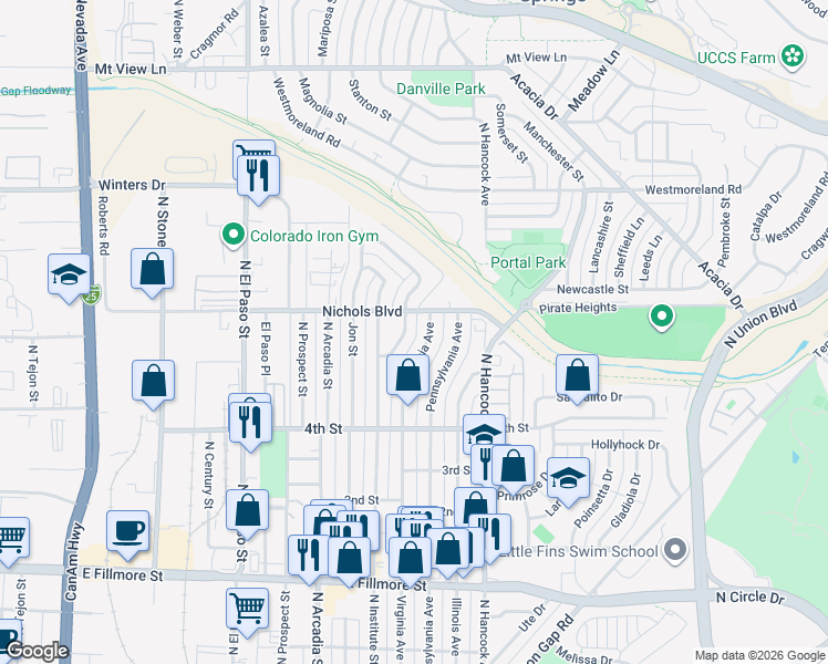 map of restaurants, bars, coffee shops, grocery stores, and more near 3313 Corbett Lane in Colorado Springs
