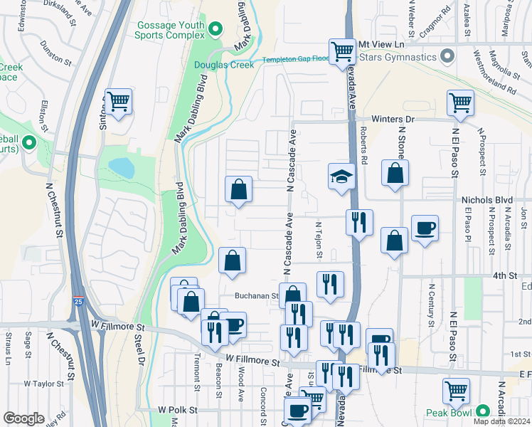 map of restaurants, bars, coffee shops, grocery stores, and more near 35 Sunflower Road in Colorado Springs