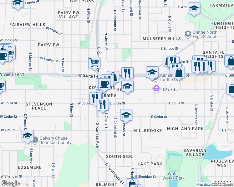 map of restaurants, bars, coffee shops, grocery stores, and more near 201 East Park Street in Olathe