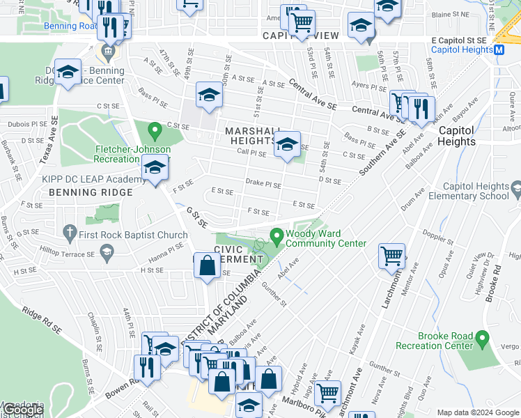 map of restaurants, bars, coffee shops, grocery stores, and more near 5208 F Street Southeast in Washington