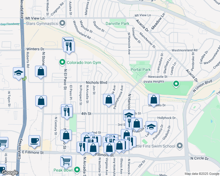 map of restaurants, bars, coffee shops, grocery stores, and more near 3313 Corbett Lane in Colorado Springs