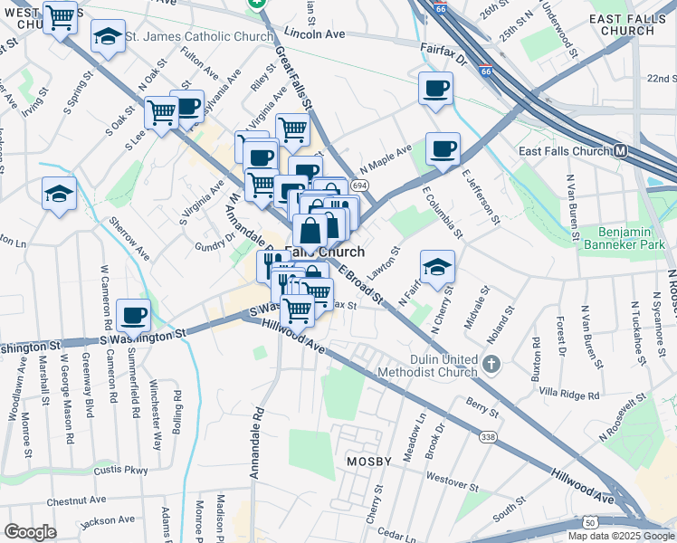 map of restaurants, bars, coffee shops, grocery stores, and more near 118 East Broad Street in Falls Church