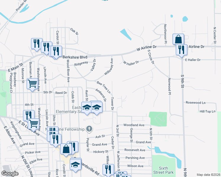 map of restaurants, bars, coffee shops, grocery stores, and more near 321 Tower Drive in East Alton