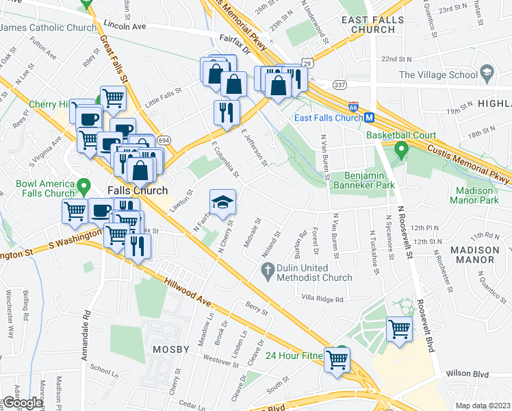 map of restaurants, bars, coffee shops, grocery stores, and more near 410 East Columbia Street in Falls Church