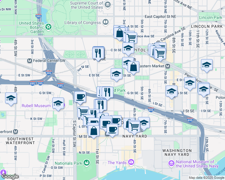 map of restaurants, bars, coffee shops, grocery stores, and more near 1-299 South Carolina Avenue Southeast in Washington
