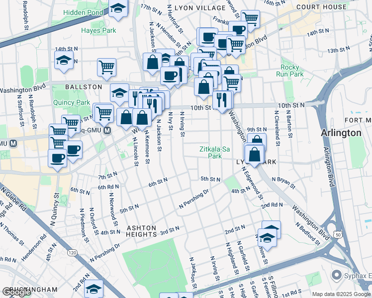 map of restaurants, bars, coffee shops, grocery stores, and more near 711 North Irving Street in Arlington