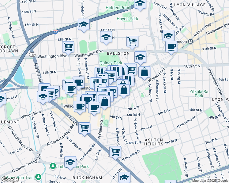 map of restaurants, bars, coffee shops, grocery stores, and more near 3835 9th Street North in Arlington