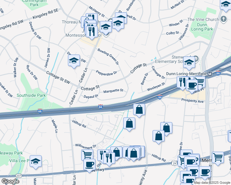 map of restaurants, bars, coffee shops, grocery stores, and more near 8511 Marquette Street in Vienna