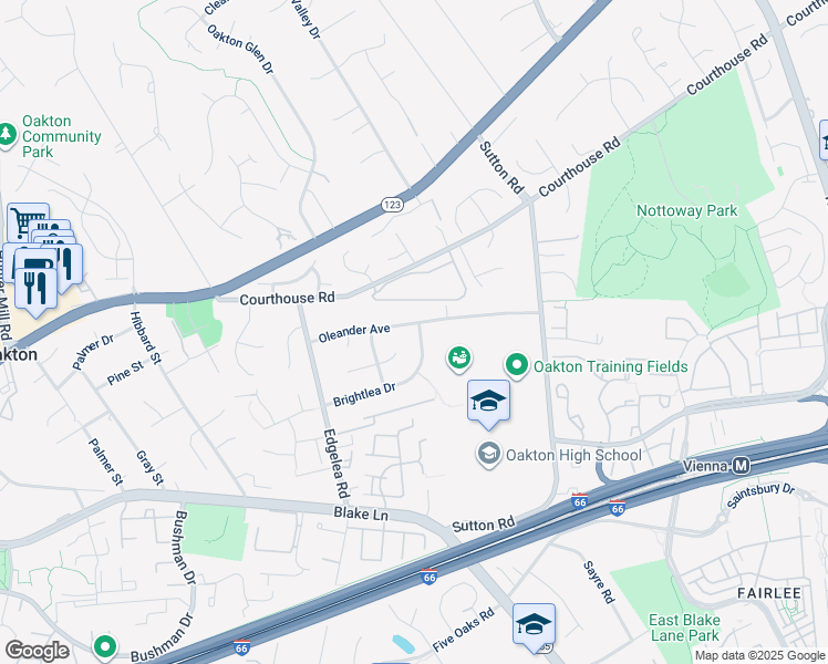 map of restaurants, bars, coffee shops, grocery stores, and more near 9801 Oleander Avenue in Vienna