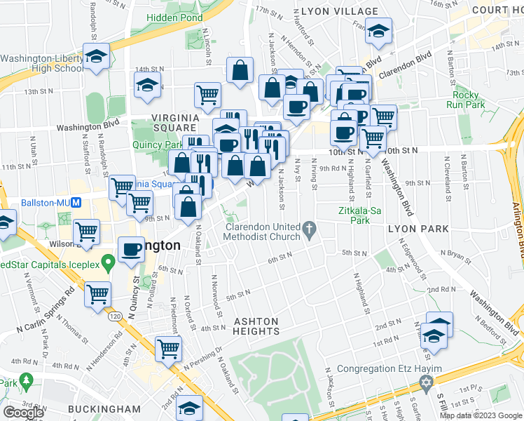 map of restaurants, bars, coffee shops, grocery stores, and more near 714 North Kenmore Street in Arlington