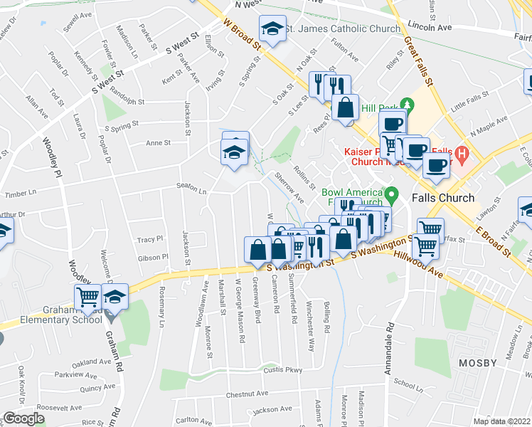 map of restaurants, bars, coffee shops, grocery stores, and more near 205 West Cameron Road in Falls Church