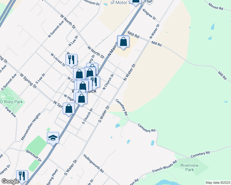 map of restaurants, bars, coffee shops, grocery stores, and more near 147 North Water Street in Woodstock