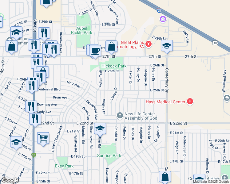 map of restaurants, bars, coffee shops, grocery stores, and more near 2323 Timber Drive in Hays