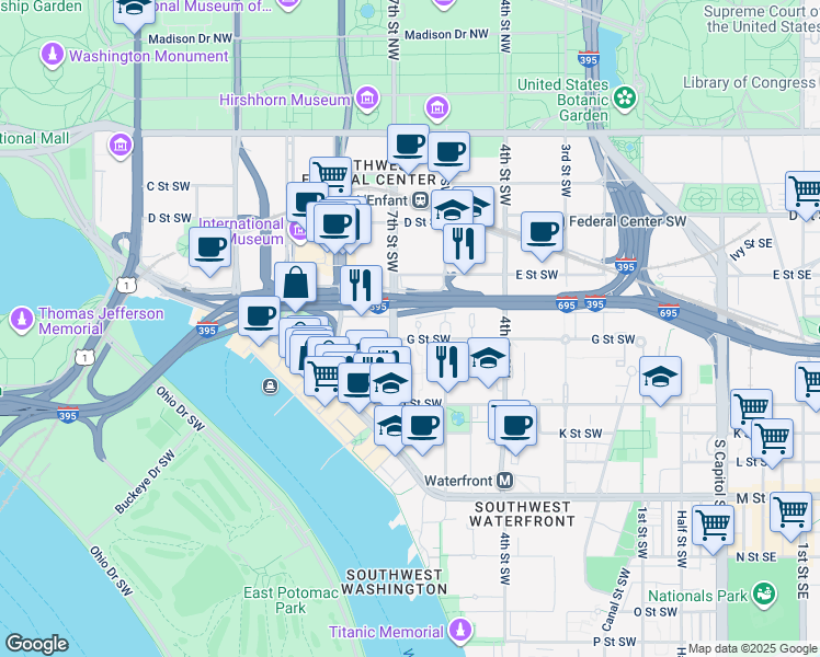 map of restaurants, bars, coffee shops, grocery stores, and more near 611 6th Place Southwest in Washington