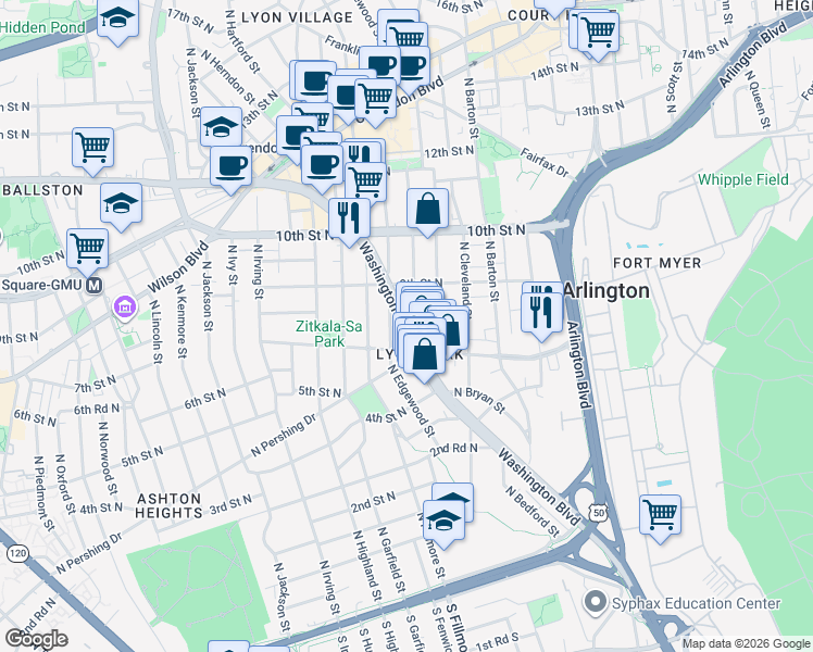 map of restaurants, bars, coffee shops, grocery stores, and more near in Arlington County