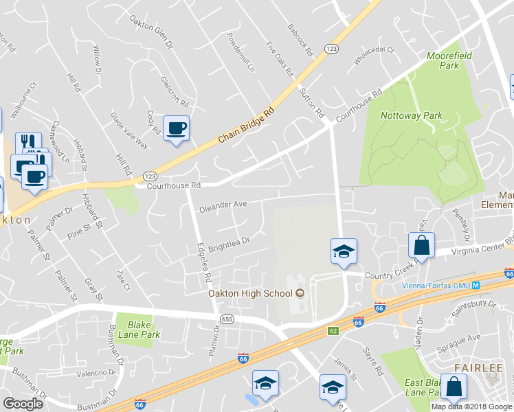 map of restaurants, bars, coffee shops, grocery stores, and more near 9801 Oleander Avenue in Vienna