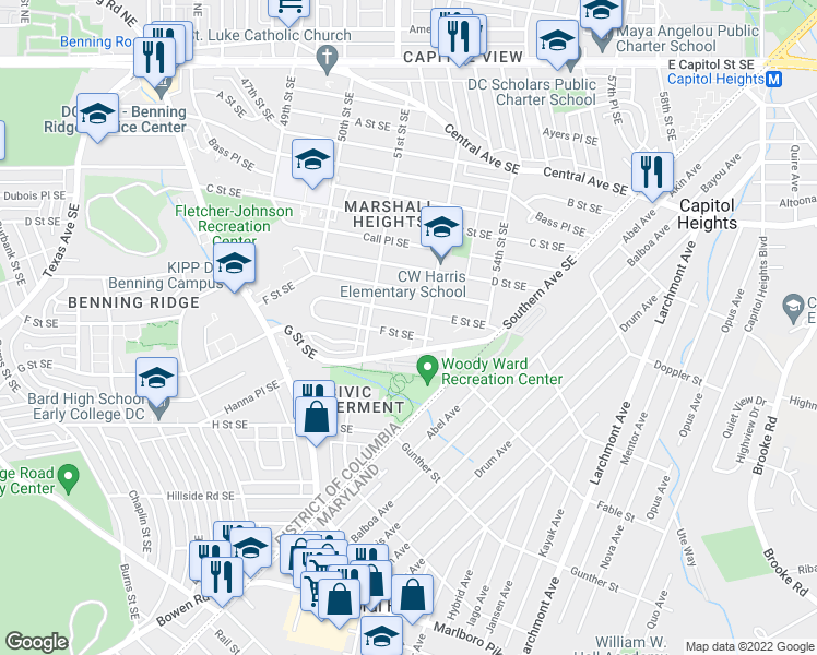 map of restaurants, bars, coffee shops, grocery stores, and more near 5208 F Street Southeast in Washington