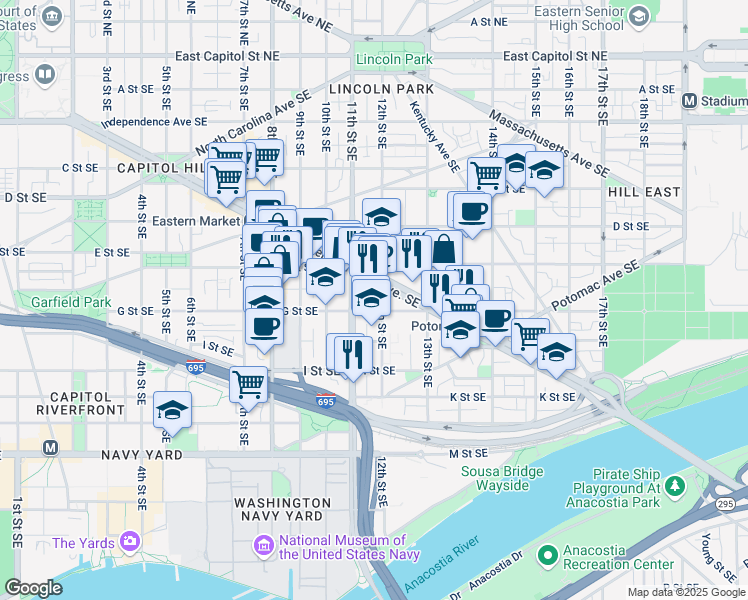 map of restaurants, bars, coffee shops, grocery stores, and more near 101 Independence Avenue Southeast in Washington