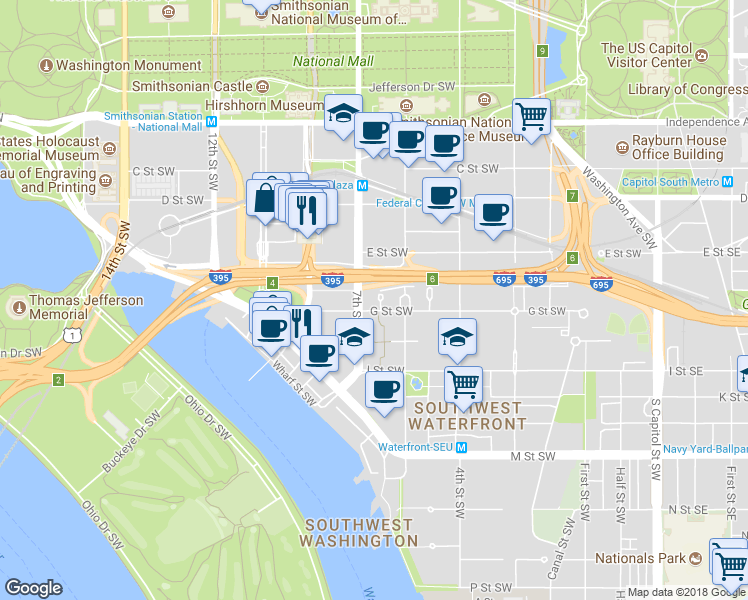 map of restaurants, bars, coffee shops, grocery stores, and more near 611 6th Place Southwest in Washington
