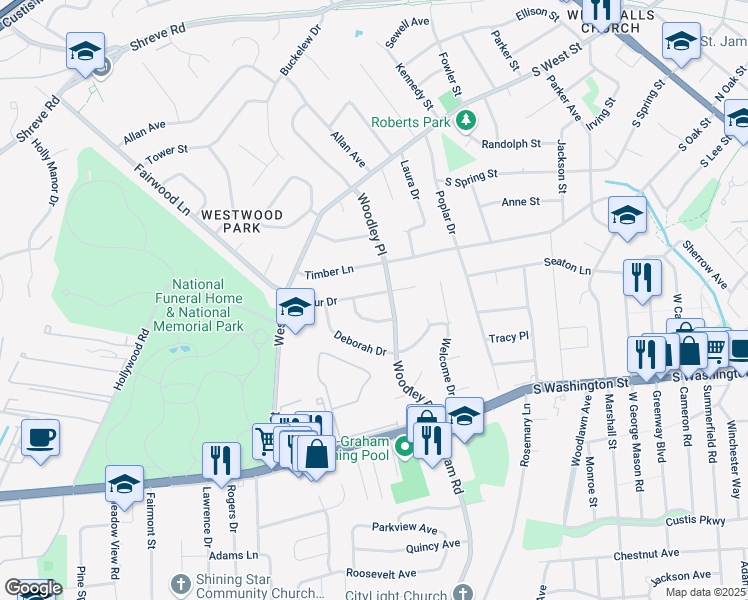 map of restaurants, bars, coffee shops, grocery stores, and more near 7217 Arthur Drive in Falls Church
