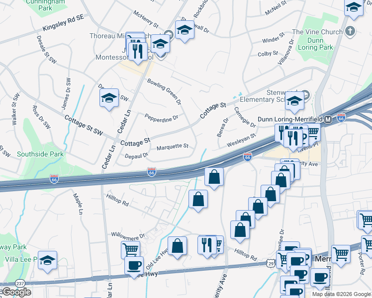 map of restaurants, bars, coffee shops, grocery stores, and more near 8503 Marquette Street in Vienna