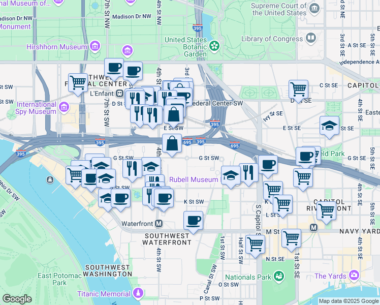 map of restaurants, bars, coffee shops, grocery stores, and more near 620 3rd Street Southwest in Washington