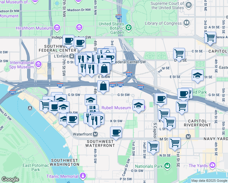 map of restaurants, bars, coffee shops, grocery stores, and more near 620 3rd Street Southwest in Washington