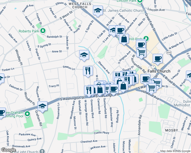 map of restaurants, bars, coffee shops, grocery stores, and more near 205 West Cameron Road in Falls Church