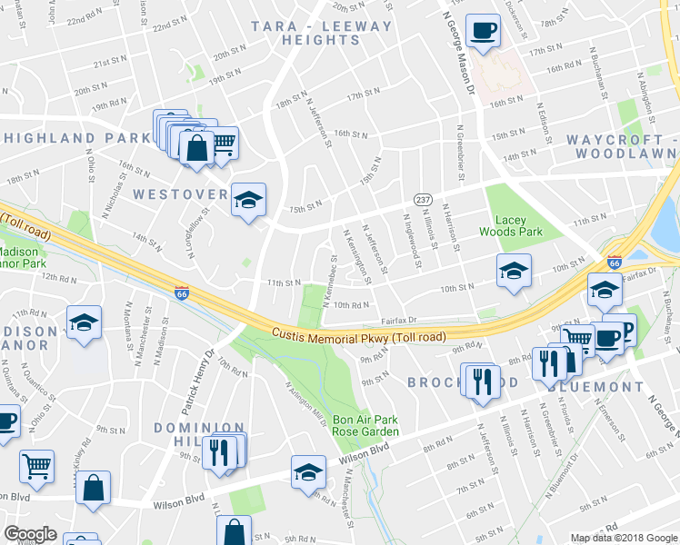 map of restaurants, bars, coffee shops, grocery stores, and more near 5716 11th Road North in Arlington