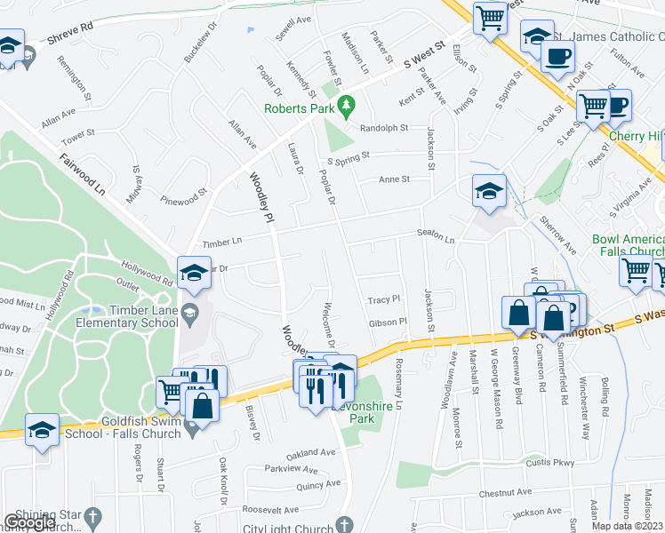 map of restaurants, bars, coffee shops, grocery stores, and more near 2709 Welcome Drive in Falls Church