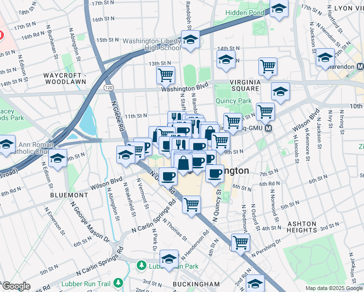 map of restaurants, bars, coffee shops, grocery stores, and more near 901 North Stuart Street in Arlington