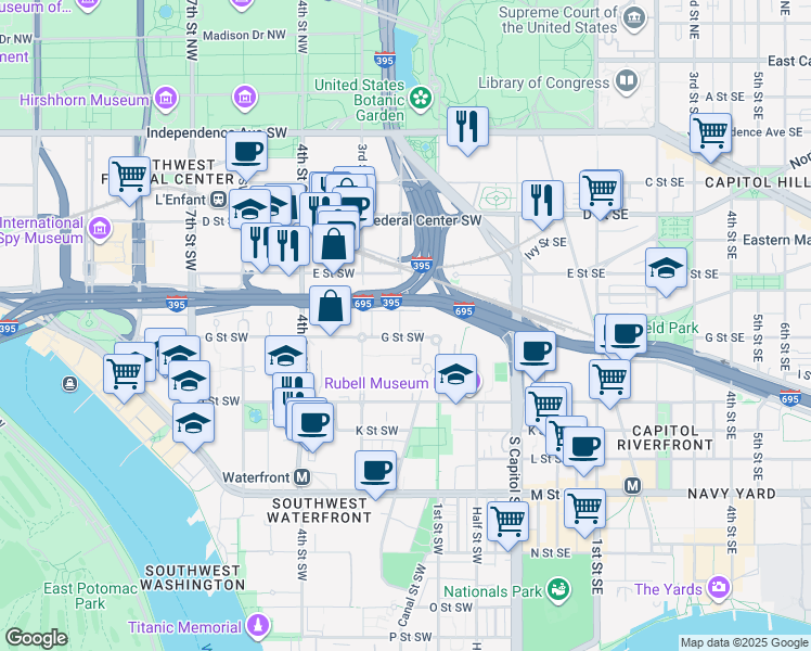 map of restaurants, bars, coffee shops, grocery stores, and more near 103 G Street Southwest in Washington