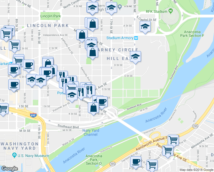 map of restaurants, bars, coffee shops, grocery stores, and more near 1623 Potomac Avenue Southeast in Washington