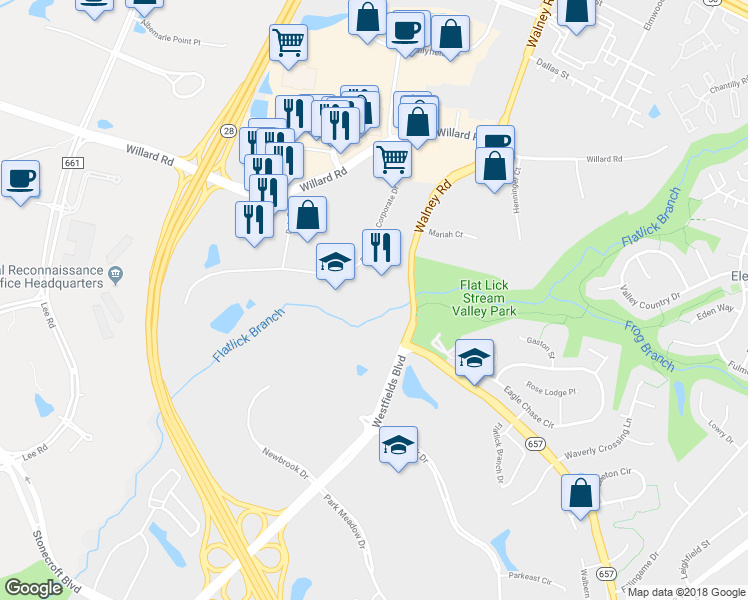 map of restaurants, bars, coffee shops, grocery stores, and more near 4449 Brookfield Corporate Drive in Chantilly