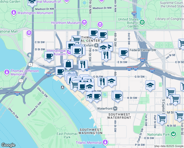 map of restaurants, bars, coffee shops, grocery stores, and more near 606 7th Street Southwest in Washington
