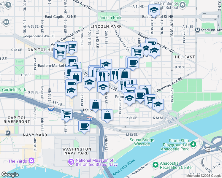 map of restaurants, bars, coffee shops, grocery stores, and more near 101 Independence Avenue Southeast in Washington