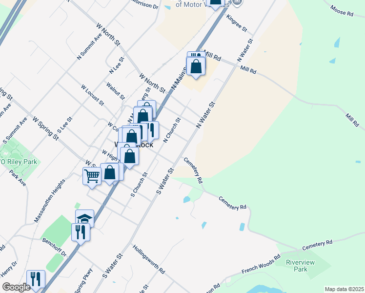 map of restaurants, bars, coffee shops, grocery stores, and more near 147 North Water Street in Woodstock