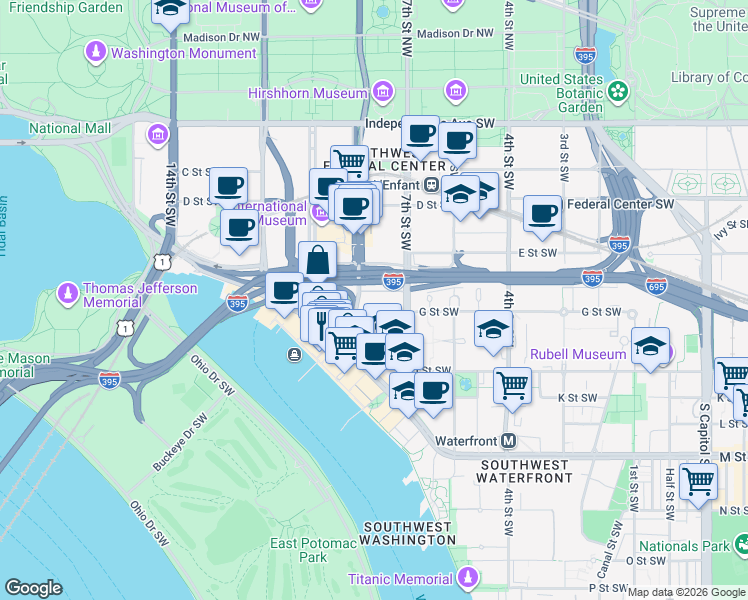 map of restaurants, bars, coffee shops, grocery stores, and more near 101 Independence Avenue Southeast in Washington