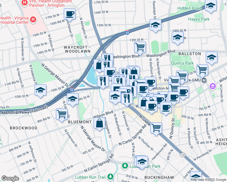 map of restaurants, bars, coffee shops, grocery stores, and more near 950 North Glebe Road in Arlington