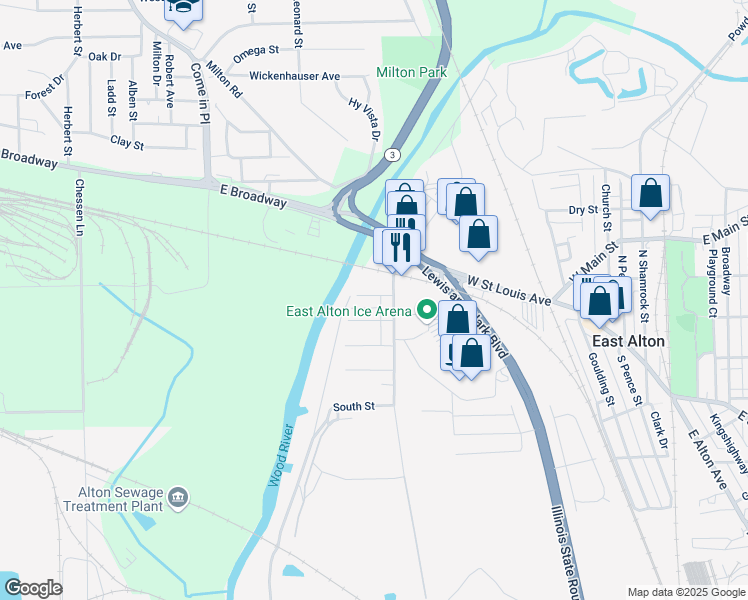 map of restaurants, bars, coffee shops, grocery stores, and more near 821 Pine Street in East Alton