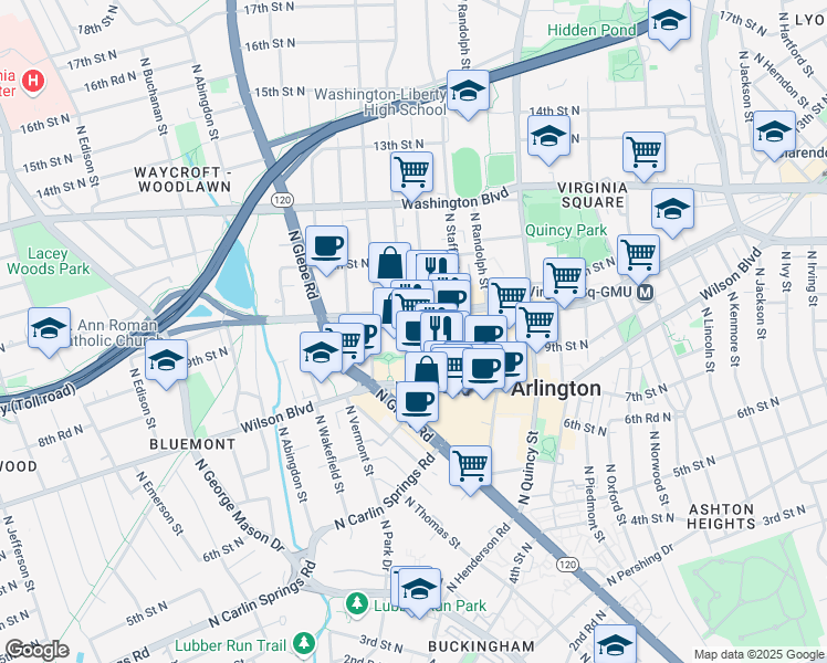 map of restaurants, bars, coffee shops, grocery stores, and more near 4250 Fairfax Drive in Arlington