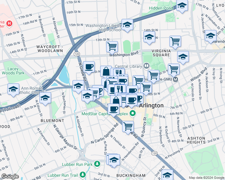 map of restaurants, bars, coffee shops, grocery stores, and more near 4250 Fairfax Drive in Arlington