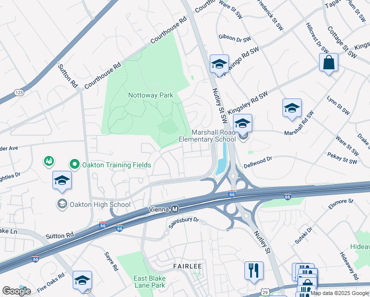 map of restaurants, bars, coffee shops, grocery stores, and more near 2713 Chanbourne Way in Vienna