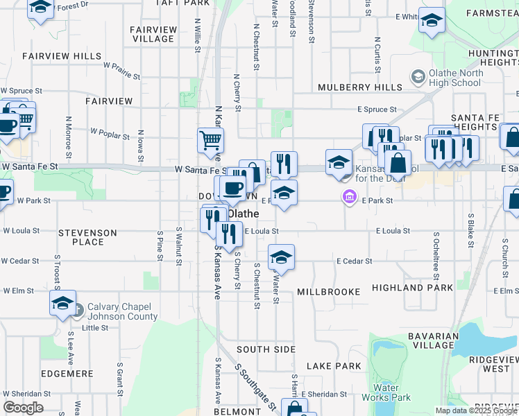 map of restaurants, bars, coffee shops, grocery stores, and more near 110 South Chestnut Street in Olathe