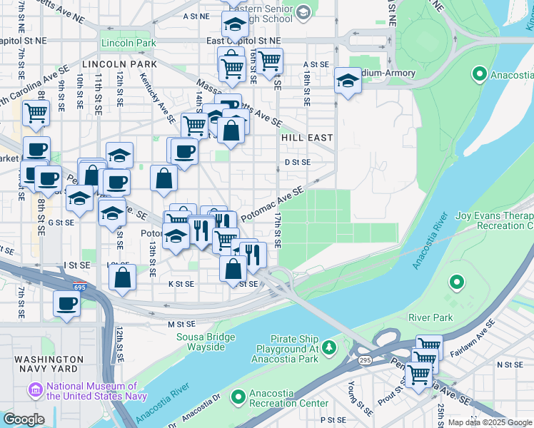 map of restaurants, bars, coffee shops, grocery stores, and more near 1623 Potomac Avenue Southeast in Washington